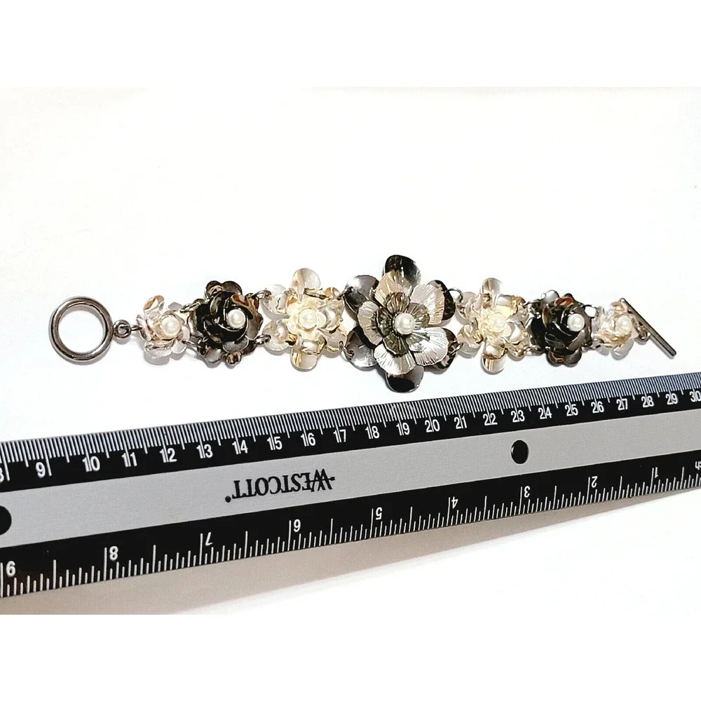 Vintage Gunmetal & Silver Faux Pearl Flower Link Bracelet, 7